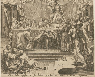 Bel-præsterne spiser og drikker i templet [side 4], og Daniel fodrer dragen [side 7], side 4 og 7 i serien »Historien om Daniel, Bel og dragen« af Philips Galle