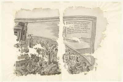 Øverste højre hjørne af et print af scenen af ​​Cebes Tabula Cebetis Carta Vitae (titel på objekt) af Philips Galle