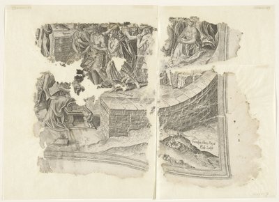 Nederste højre hjørne af et print af scenen af ​​Cebes Tabula Cebetis Carta Vitae (original titel) af Philips Galle