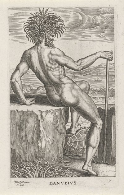 Riviergod Donau Danvbivs (titel på objekt) Rivier- en zeegoden (serietitel) Elegante portrætter af de marine halvguder og søløverne (serietitel) af Philips Galle