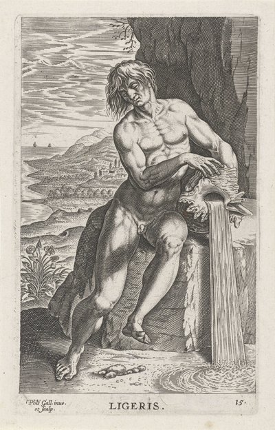 Riviergod Ligeris Ligeris (titel på objekt) Rivier- en zeegoden (serietitel) Elegante portrætter af de marine halvguder og Amnicus-sælerne (serietitel) af Philips Galle