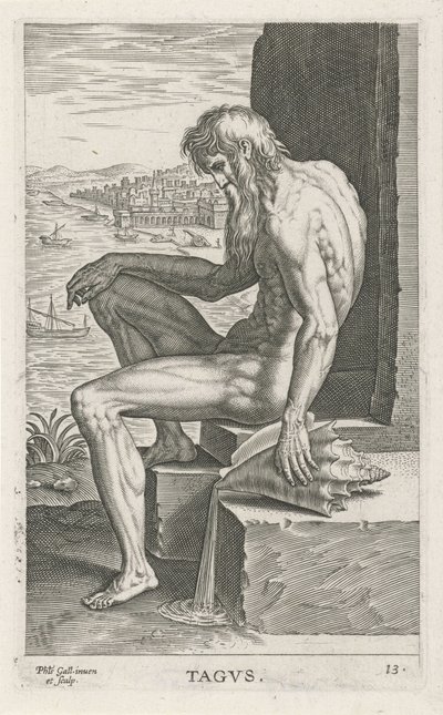 Riviergod Tejo Tagvs (titel på objekt) Rivier- en zeegoden (serietitel) Elegante portrætter af de marine halvguder og Amnicus-sælerne (serietitel) af Philips Galle