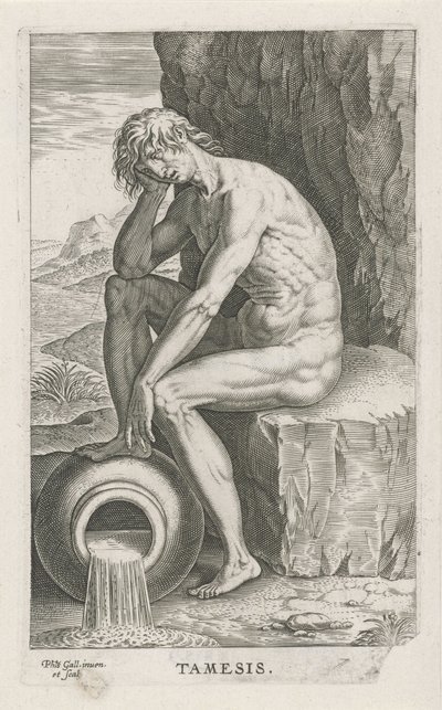 Riviergod Themsen Thames (titel på objekt) Rivier- en zeegoden (serietitel) Elegante portrætter af de marine halvguder og Amnicus-sælerne (serietitel) af Philips Galle
