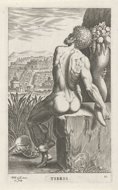 Riviergod Tiber Stammer (titel på objekt) Rivier- en zeegoden (serietitel) Elegante portrætter af de marine halvguder og Amnicus-sælerne (serietitel) af Philips Galle