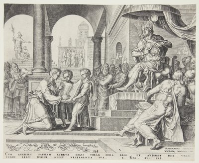 Saphan læser Lovbogen for Josias af Philips Galle