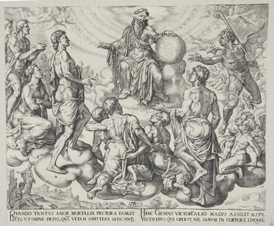 Satan udfordrer Herren til at fjerne hans beskyttelse fra Job af Philips Galle