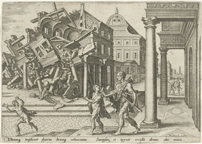 Samson ødelægger filistrenes tempel The Days of Doom of the Jewish People (serietitel) af Philips Galle