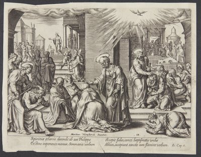 Sankt Peter, Sankt Johannes og Sankt Filip lægger hænderne på de døbte i Samaria af Philips Galle