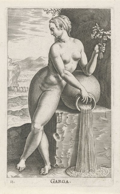 Waternimf Hjælp Garga (titel på objekt) Stroom - en vandnymfe (serietitel) Nympharum oceanitidum, Ephydridum potamidum naiadum (serietitel) af Philips Galle