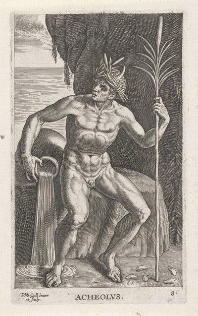 Zeegod Achelous Acheolvs (titel på objekt) Rivier- en zeegoden (serietitel) Elegante portrætter af de marine halvguder og Amnicus-sælerne (serietitel) af Philips Galle
