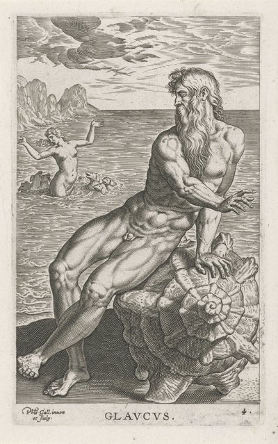 Zeegod Glaucus Glavcvs (titel på objekt) Rivier- en zeegoden (serietitel) Elegante portrætter af de marine halvguder og Amnicus-sælerne (serietitel) af Philips Galle