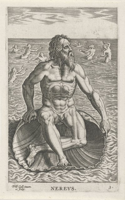 Zeegod Nereus Never (titel på objekt) Rivier- en zeegoden (serietitel) Elegante portrætter af de marine halvguder og Amnicus-sælerne (serietitel) af Philips Galle