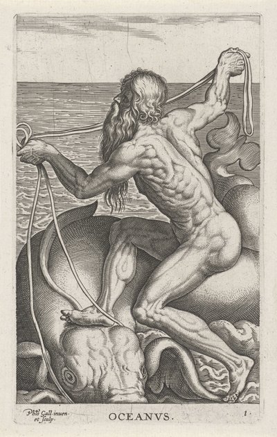 Zeegod Oceanus Oceanvs (titel på objekt) Rivier- en zeegoden (serietitel) Elegante portrætter af de marine halvguder og Amnicus-sælerne (serietitel) af Philips Galle