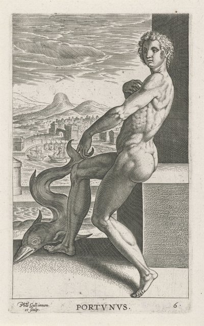 Zeegod Portunus Portvnvs (titel på objekt) Rivier- en zeegoden (serietitel) Elegante portrætter af de marine halvguder og Amnicus-sælerne (serietitel) af Philips Galle