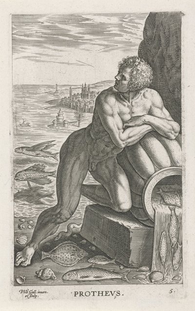 Zeegod Protheus Prothevs (titel på objekt) Rivier- en zeegoden (serietitel) Elegante portrætter af de marine halvguder og Amnicus-sælerne (serietitel) af Philips Galle