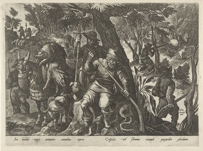 Zwijnenjacht met geweren Jachttaferelen (serietitel) hvor enhver slags jagt, fuglefangst og fiskeri (serietitel) af Philips Galle