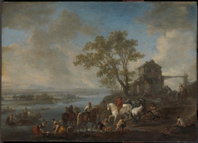 Hestedam ved en flod af Philips Wouwerman