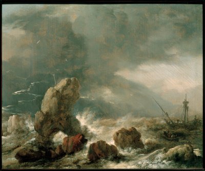 Stormfuldt hav med tre skibe i nød af Philips Wouwerman