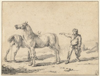 To heste, den ene tisser og den anden klynker, og en stående mand med højre arm løftet af Philips Wouwerman