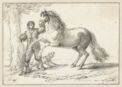 Ung mand, der holder en opvoksende hest ved sit tøjle, skræmt af en gøende hund af Philips Wouwerman