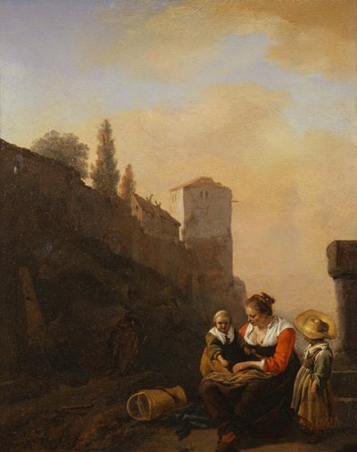 En bonde og to børn hviler foran et tårn i Italien (olie på lærred) af Philips Wouwermans or Wouvermans