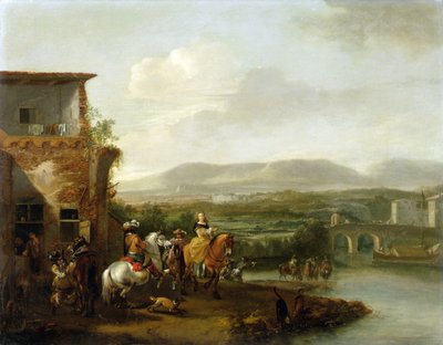 En elegant ridefest uden for en gård ved en flod (olie på lærred) af Philips Wouwermans or Wouvermans