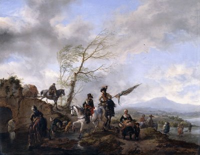 Et omfattende flodlandskab med soldater og en fanebærer, der vander deres heste, af Philips Wouwerman