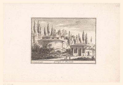Udsigt over Romulus-templet Tempio di Romolo (titel på objekt) Udsigt over det antikke og moderne Rom (serietitel) Varie Vedute di Roma Antica, e Moderna (serietitel) af Philothée Francois Duflos