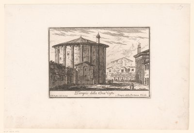 Udsigt over Vesta-templet Tempio della Dea Veste (titel på objekt) Udsigt over det antikke og moderne Rom (serietitel) Varie Vedute di Roma Antica, e Moderna (serietitel) af Philothée Francois Duflos