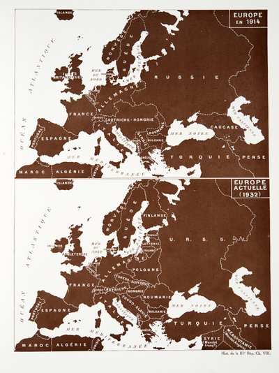 Kort over Europa i 1914 og Europa i 1932 fra Histoire de la Troisieme Republique, Vol. I, Politisk historie, pub.1933 (farve litho) af Photographer French