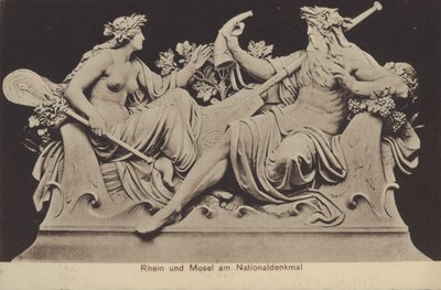 Allegoriske figurer, der repræsenterer Rhinen og Mosel ved Nationaldenkmal, monument til minde om Tysklands forening, Rudesheim am Rhein, Hessen (s/h foto) af Photographer German