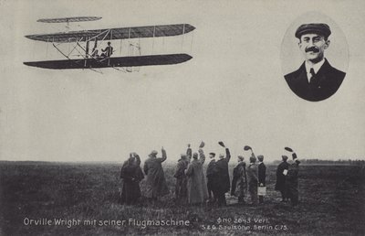Den amerikanske flyver Orville Wright og hans flyvemaskine (s/h foto) af Photographer German