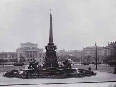 Leipzig: Mendbrunnen på Augustusplatz og Neue Theatre (B/W Photo) af Photographer German
