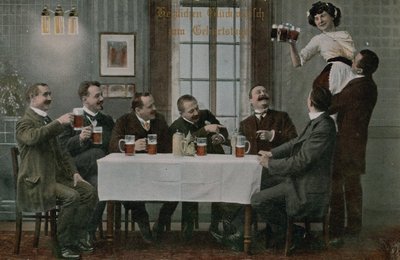 Postkort af tyskere, der drikker øl og morer sig med servitricen, sendt i 1913 (håndkoloreret foto) af Photographer German