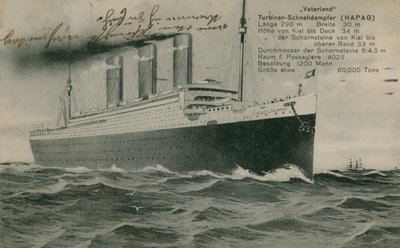 Det tyske linjeskib, Vaterland. Postkort sendt i 1913. af Photographer German