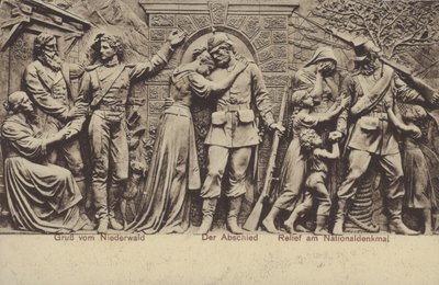 Afskeden, relief på Nationaldenkmal, monument til minde om Tysklands forening, Rudesheim am Rhein, Hessen (s/h foto) af Photographer German
