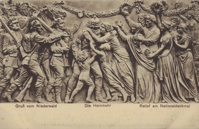 Hjemkomsten, relief på Nationaldenkmal, monument til minde om Tysklands forening, Rudesheim am Rhein, Hessen (s/h foto) af Photographer German