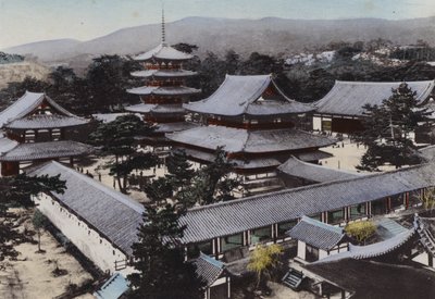 Japan, ca. 1912: Horyu-ji, det ældste buddhistiske tempel i Japan, bygget for omkring 1300 år siden, Yamato (foto) af Photographer Japanese
