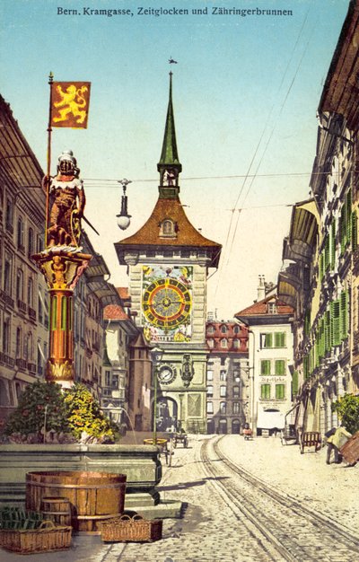 Zytglogge-klokketårnet og Zahringerbrunnen-fontænen, Kramgasse, Bern Schweiz (farvefoto) af Photographer Swiss