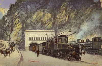 Tog ved indgangen til Simplon-tunnelen (farvefoto) af Photographer Swiss