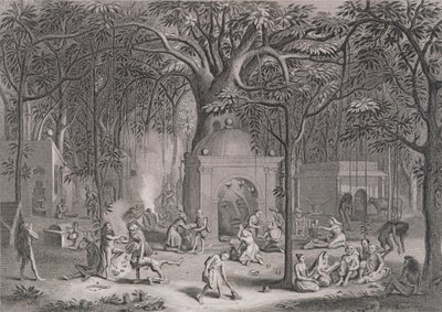 Hindu Fakirs Practicing their Superstitious Rites, graveret af Bell, fra World Religion, udgivet af A. Fullarton & Co. af Picart