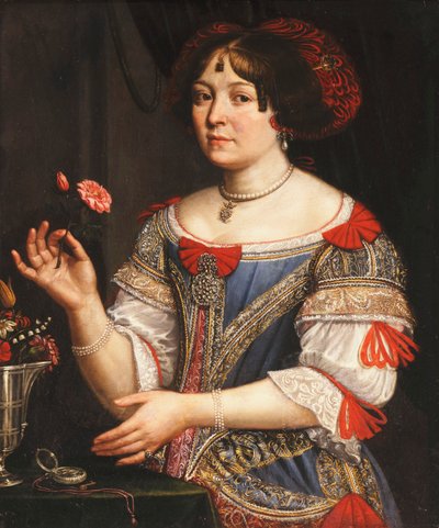 Portræt af en Dame, trekvart længde, i en blå og rød broderet kjole af Pier Francesco Cittadini