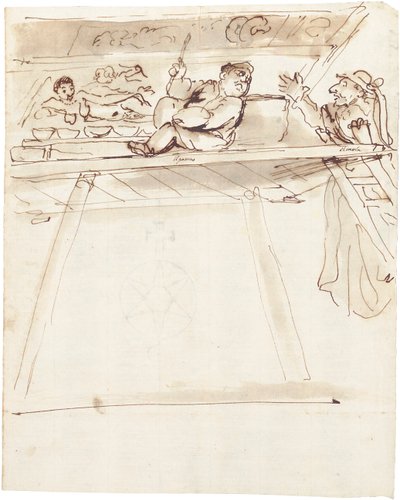 En karikatur af Pier Francesco Mola, der afbryder Giovanni Battista Passeri, der maler en loftdekoration af en tilbagelænet Venus af Pier Francesco Mola
