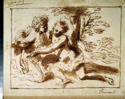 To figurer i et landskab. To figurer i et landskab af Pier Francesco Mola
