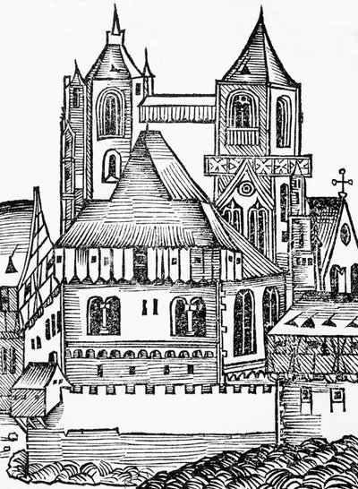 Montecassino Abbey, tysk træsnit, fra Nürnberg Chronicle (Liber Chronicarum) af Hartmann Schedel af Blaise Nicolas Le Sueur