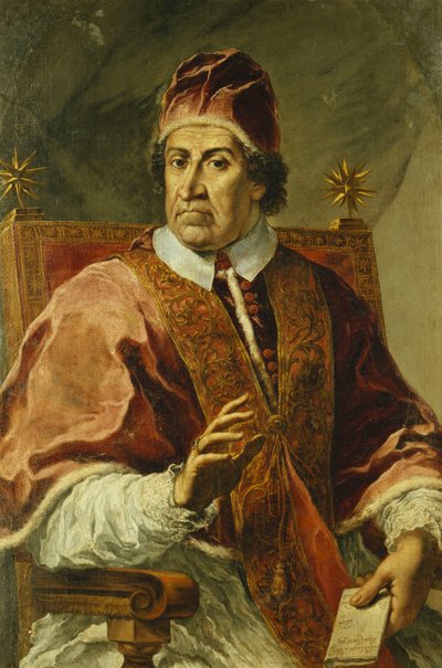 Portræt af pave Clemens XI, siddende halvlængde, iført pavelige klæder, holder et brev, af Pier Leone Ghezzi