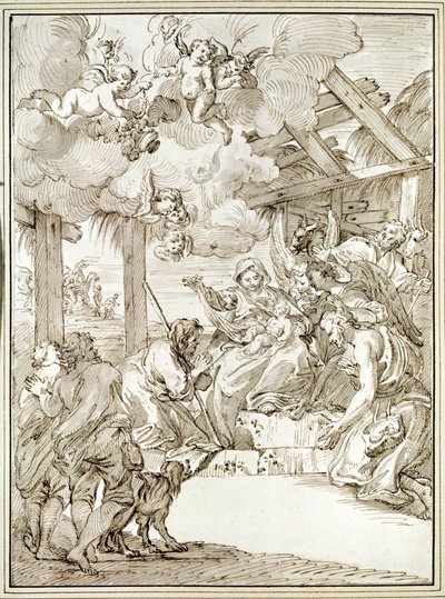 Hyrdernes tilbedelse (pen og blæk) af Pier Leone Ghezzi