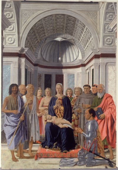 Madonna og barn og hellige, engle og Frederik af Montefeltro af Piero dellaFrancesca