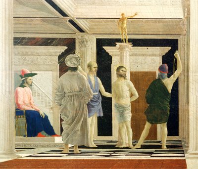 Flagellation of Christ af Piero della Francesca (1412-1492), Tempera på panel, 58x81,5 cm, detalje af Piero della Francesca