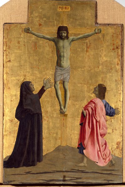 Polyptic of Misericorde: Jomfruen af Misericorde, omgivet af helgener. Detalje, der forestiller korsfæstelsen med inskriptionen "" INRI"" på korset Træmaleri af Piero della Francesca (1415/20-1492) 1445-1460 Dim. 81x52,5 cm Sansepolcro, Pinacoteca C af Piero della Francesca